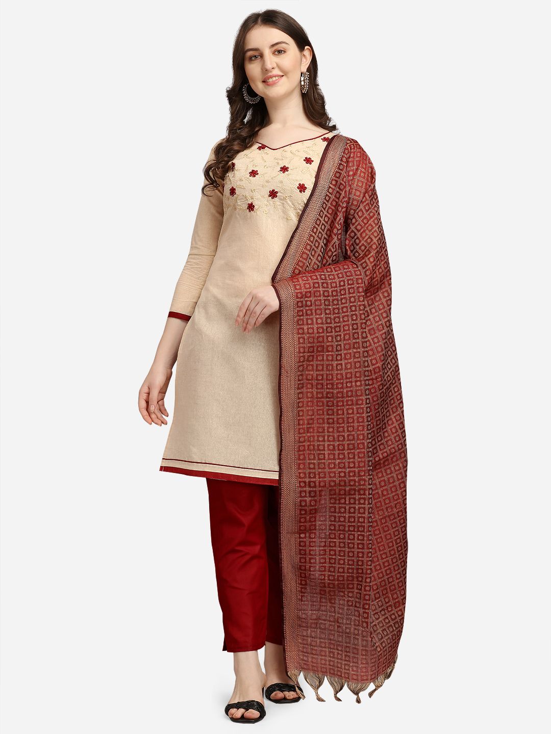 Ethnic Junction Off White & Maroon Embroidered Unstitched Dress Material Price in India