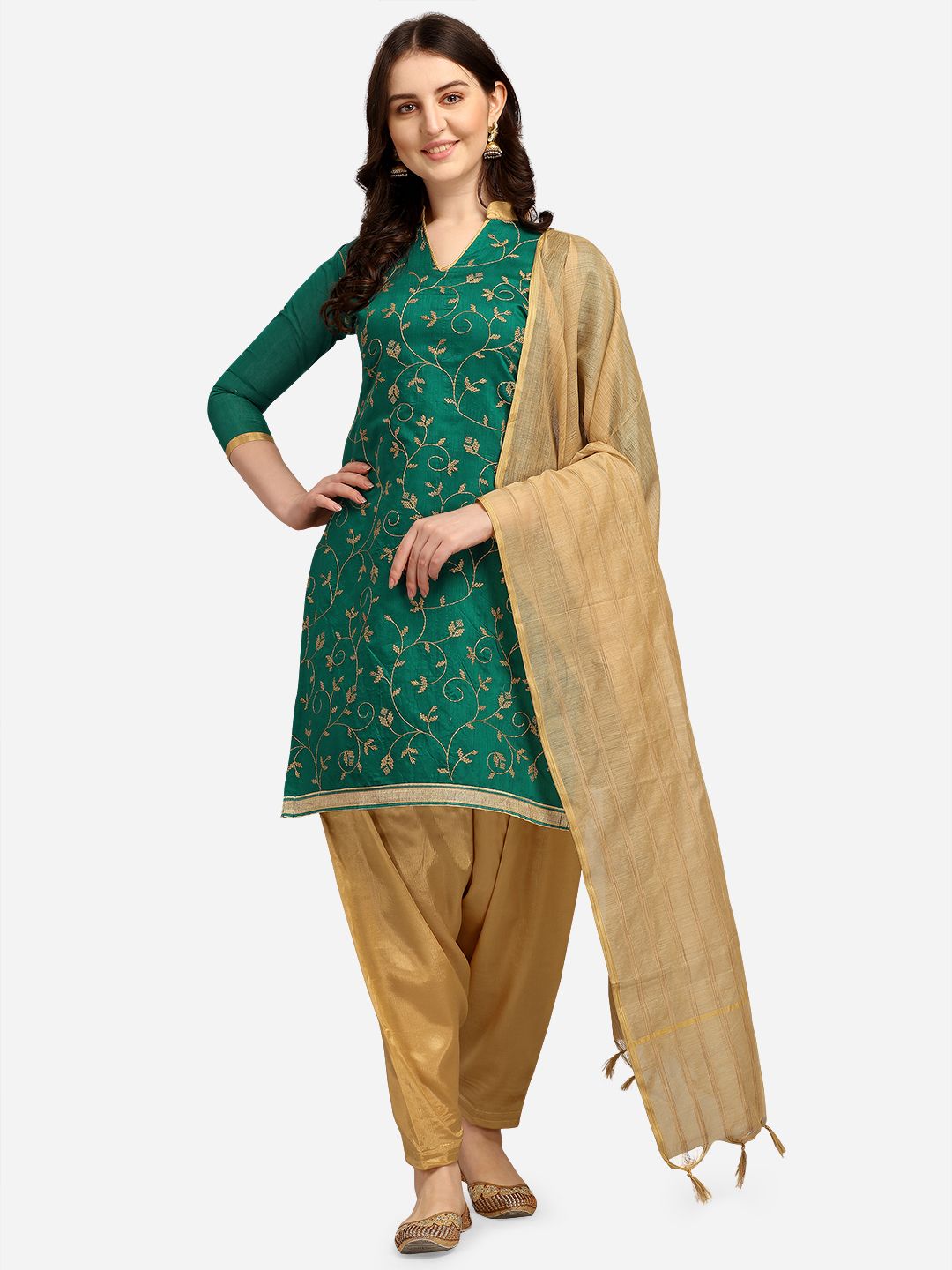 Ethnic Junction Green & Gold-Toned Embroidered Unstitched Dress Material Price in India