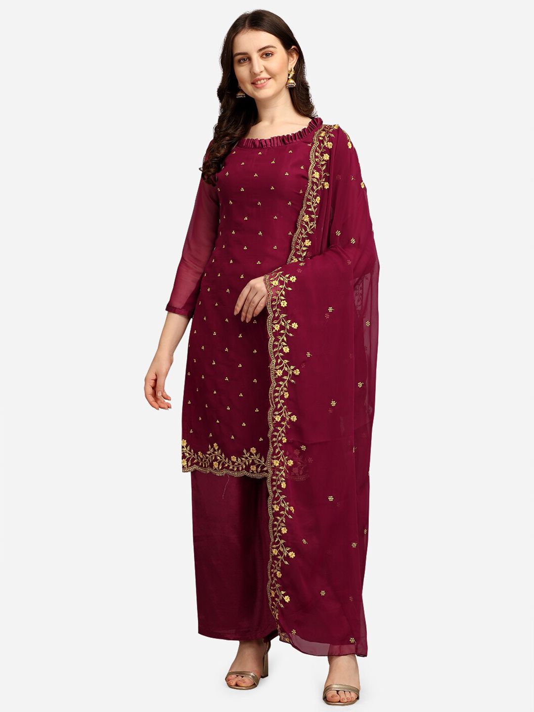Ethnic Junction Burgundy & Gold-Toned Embroidered Unstitched Dress Material Price in India