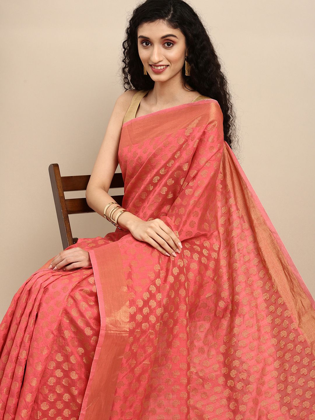 Anouk Peach-Coloured & Gold-Toned Woven Design Zari Poly Silk Chanderi Saree