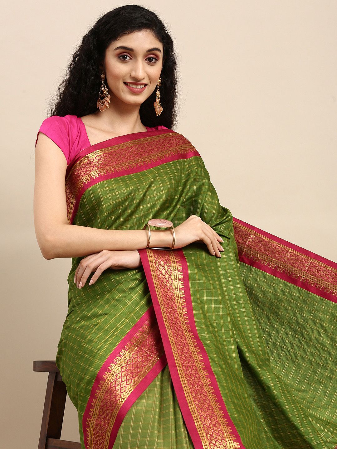 Anouk Green & Magenta Woven Design Pure Silk Banarasi Saree Price in India