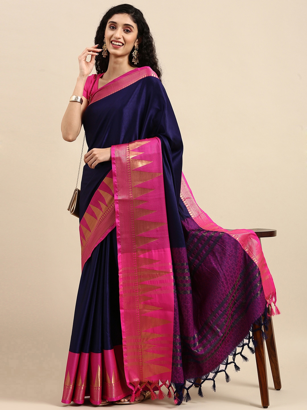 Anouk Navy Blue Woven Design Pure Silk Kanjeevaram Saree Price in India