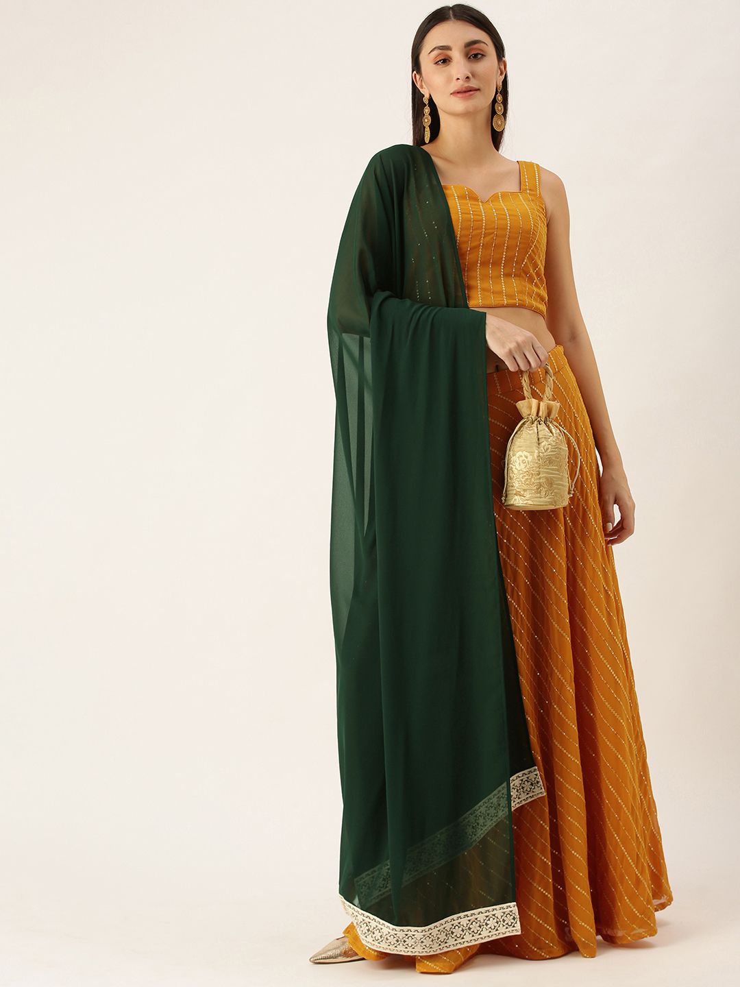 EthnoVogue Mustard Yellow & Green Sequinned Made to Measure Lehenga & Blouse With Dupatta Price in India