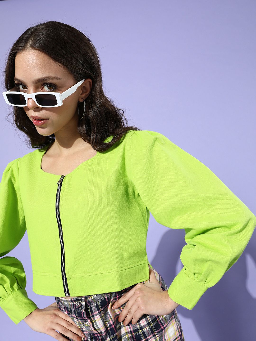 Popnetic Women Fluorescent Green Solid Pure Cotton Cropped Jacket Price in India