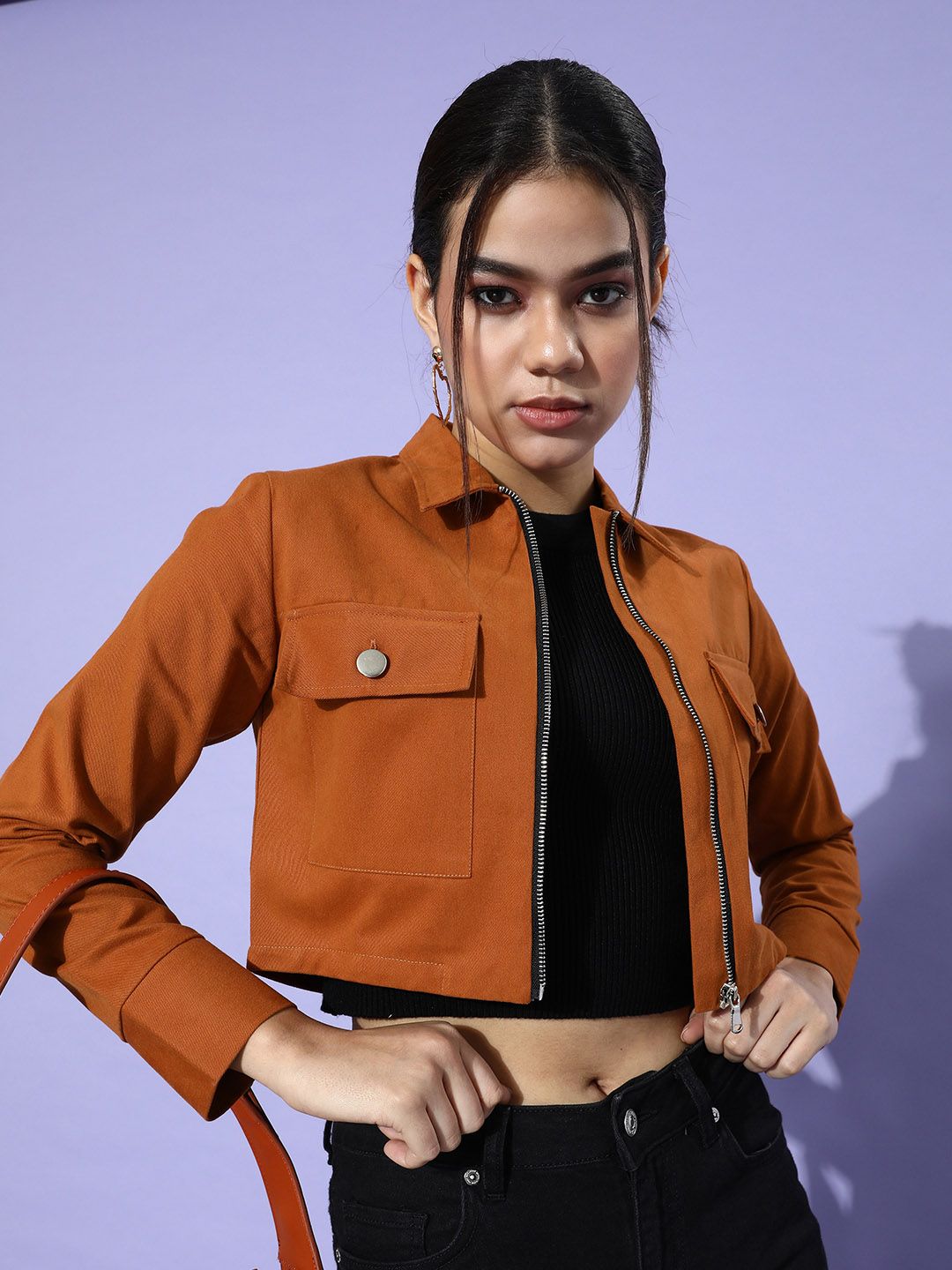 Popnetic Women Rust Solid Pure Cotton Cropped Jacket Price in India