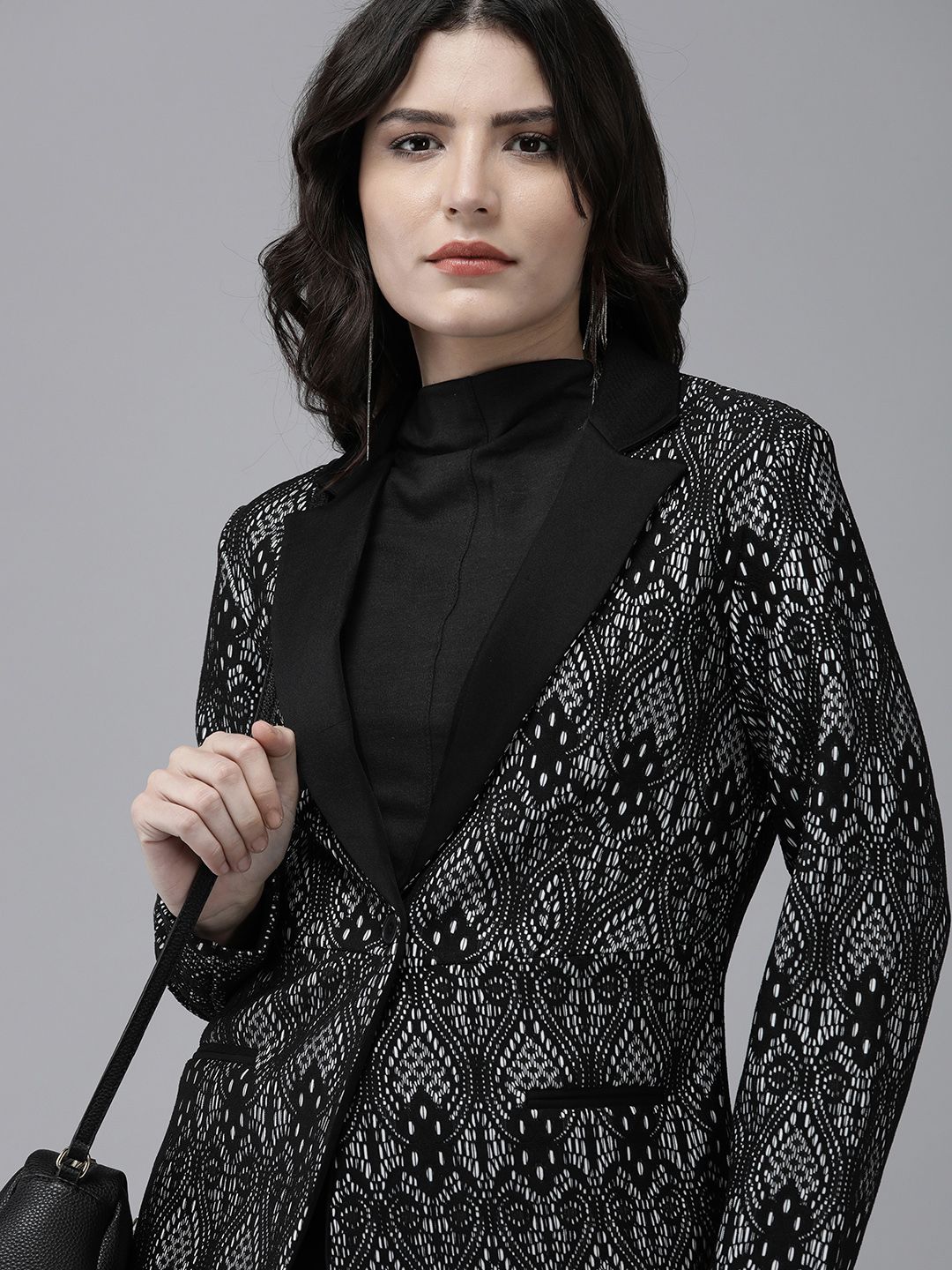KASSUALLY Women Black Self-Designed Scuba Relaxed Fit Single-Breasted Blazer Price in India
