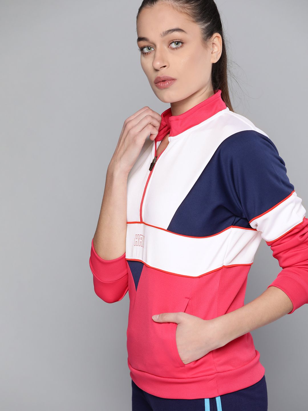 HRX by Hrithik Roshan Women Pink & White Colourblocked Sweatshirt Price in India