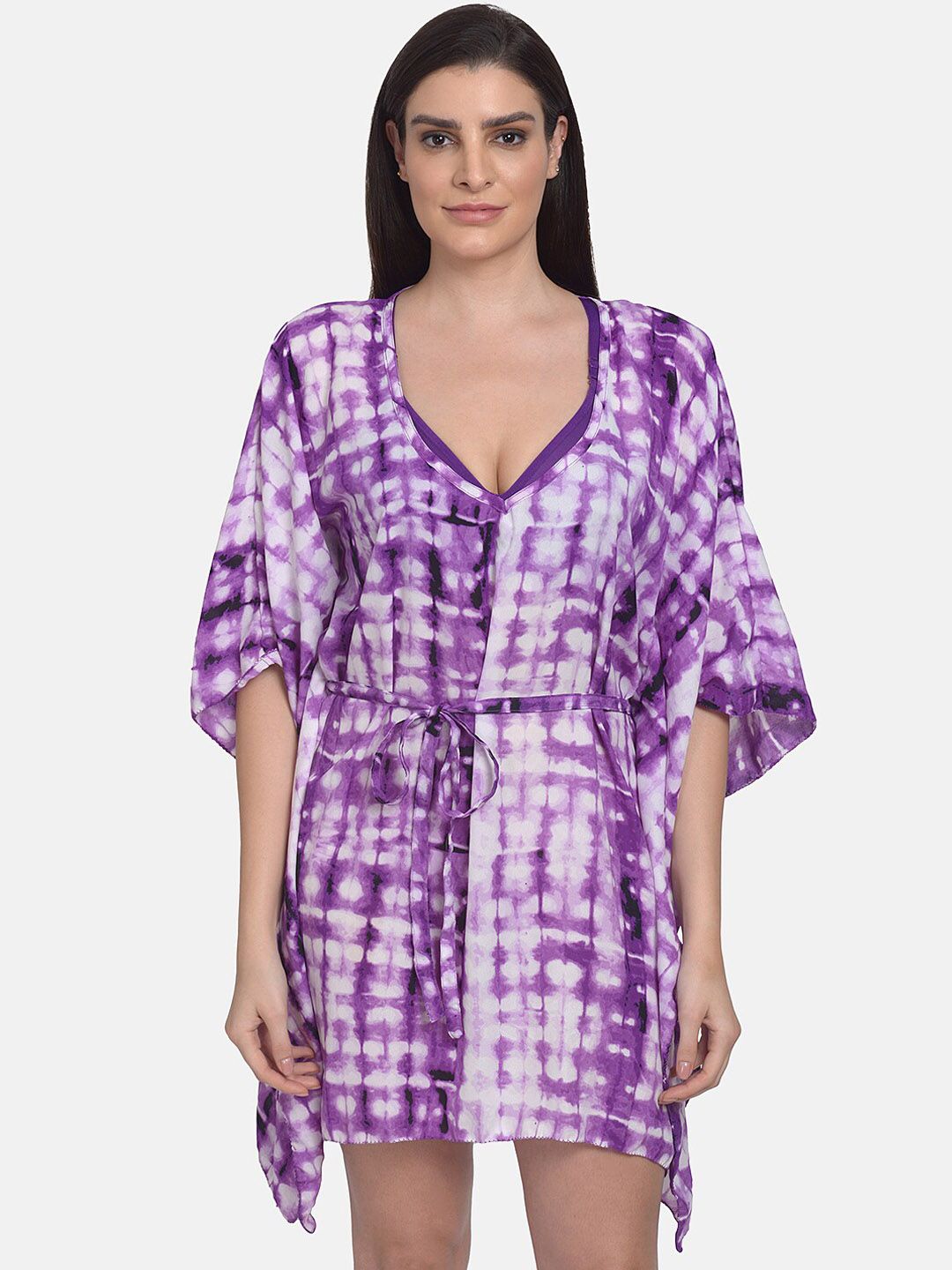 mod & shy Purple & White Printed Beach Kaftan Dress Price in India
