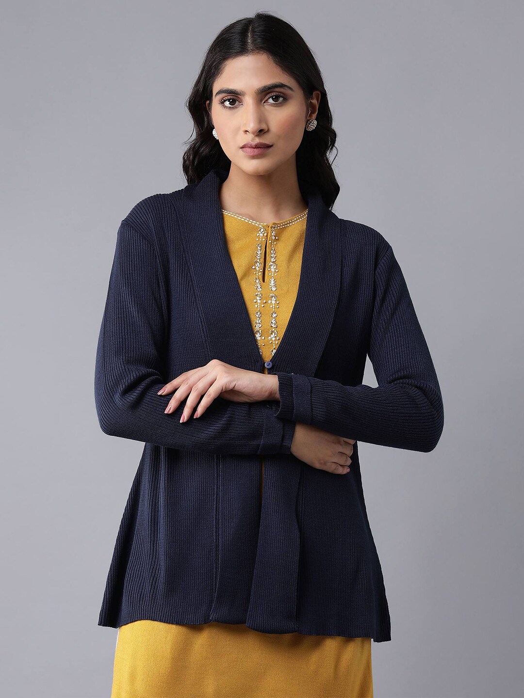 W Women Blue Front-Open Acrylic Sweater Price in India