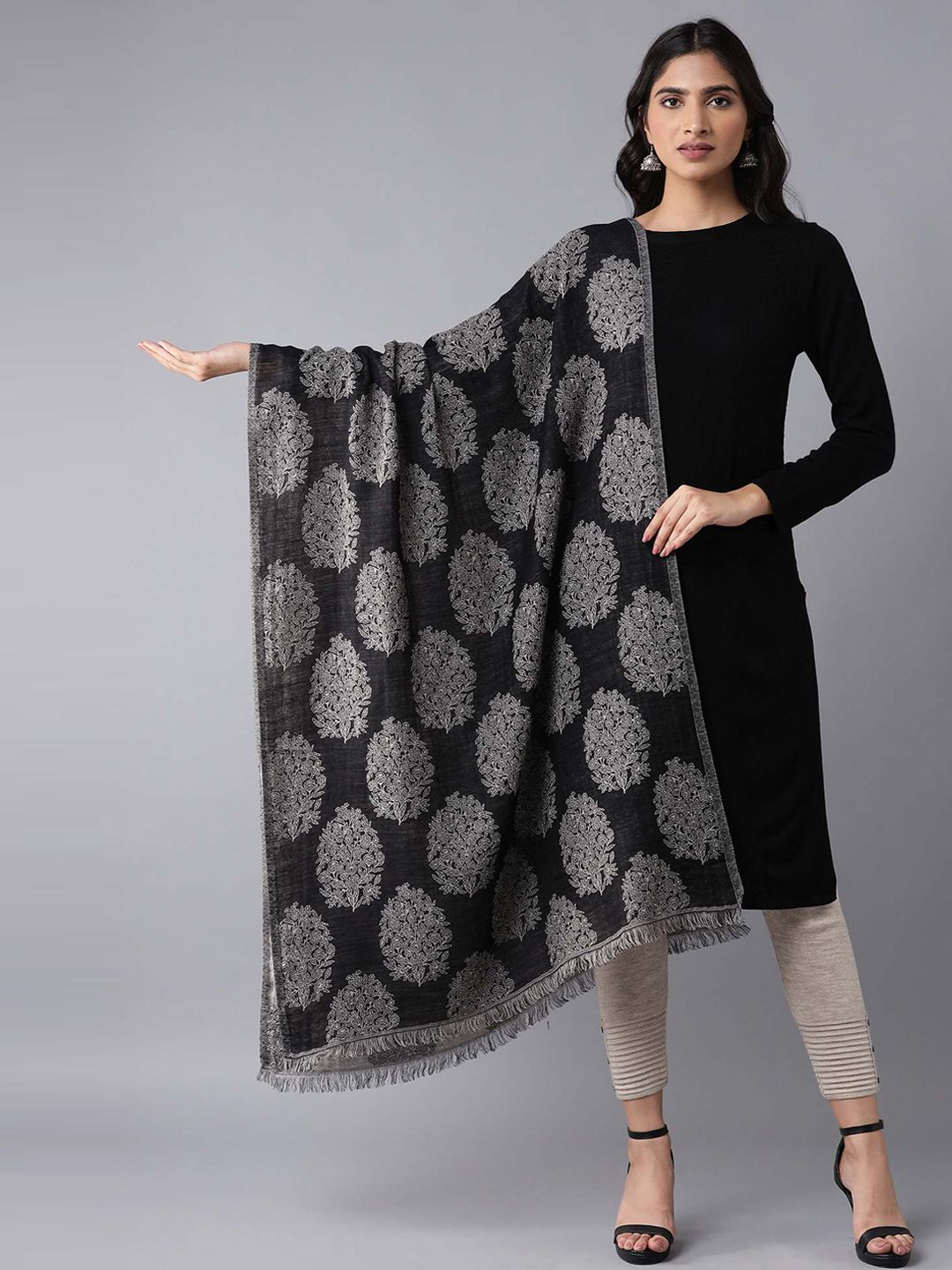 W Women Grey & Black Floral Printed Shawl Price in India