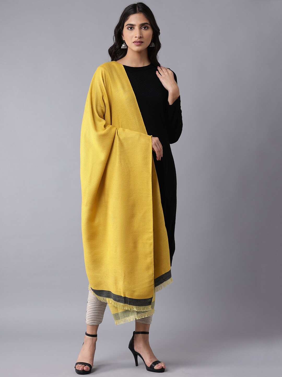 W Women Yellow Solid Knitted Shawl Price in India