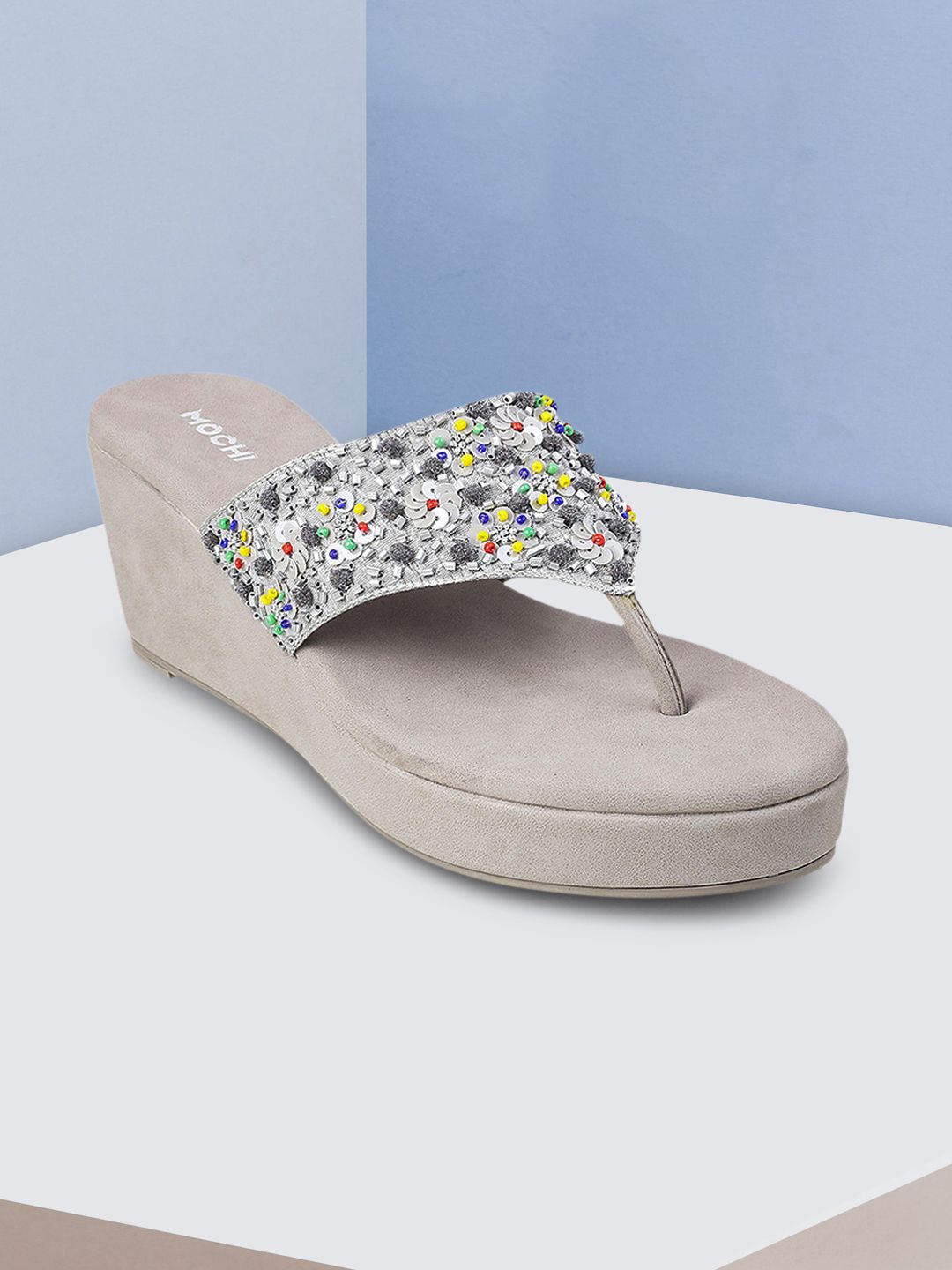 Mochi Grey Embellished Wedge Sandals Price in India