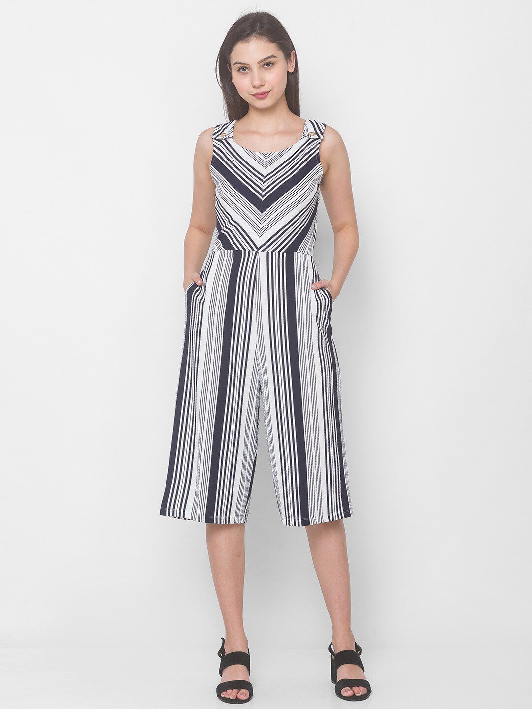 Globus Navy Blue & White Striped Culotte Jumpsuit Price in India