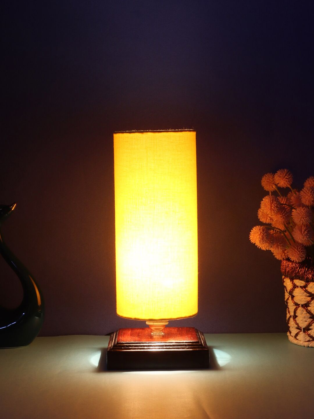 Devansh Yellow & Brown Cotton Table Lamp With Shade Price in India