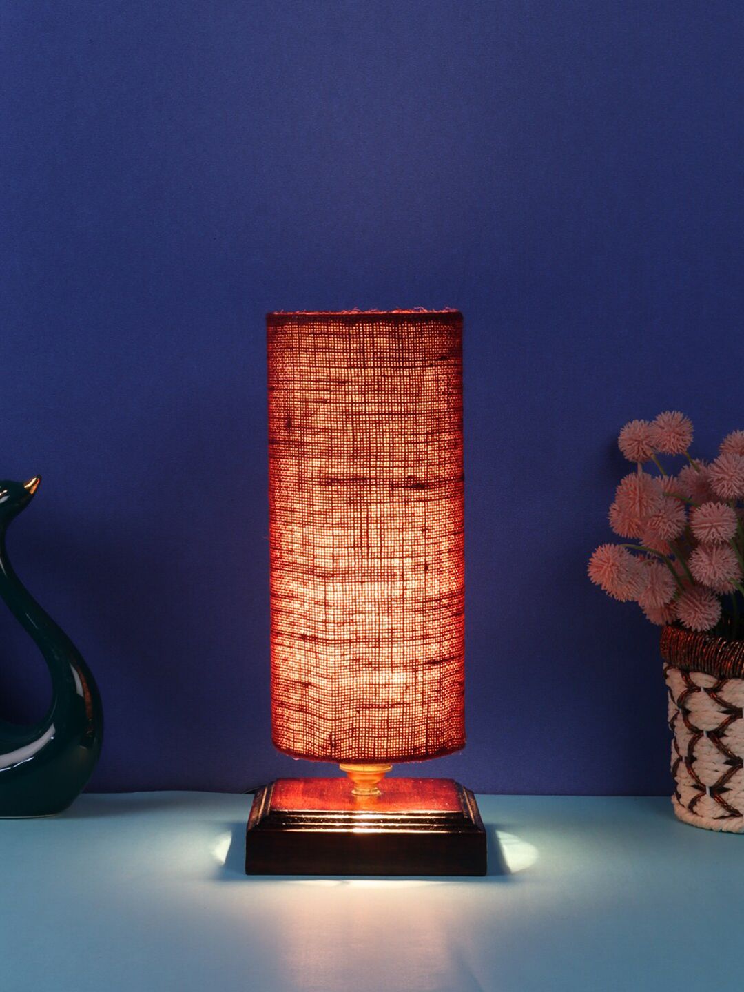 Devansh Maroon Jute Table lamp with wood Square base Price in India