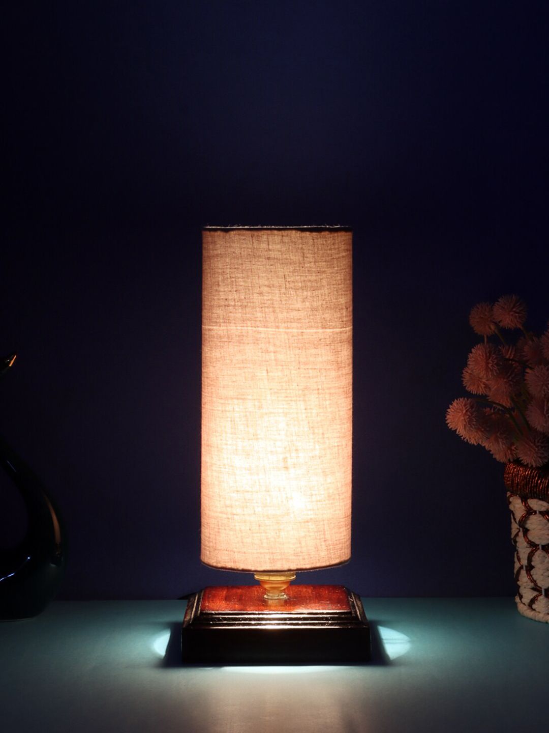 Devansh Grey Cotton Table Lamp With Wooden Base Price in India
