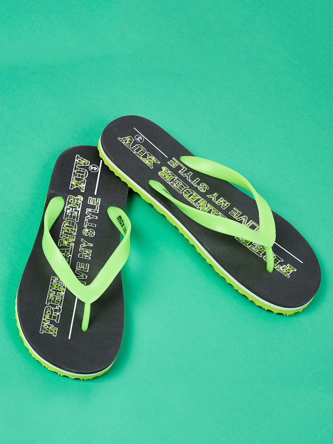 max Women Green & Grey Printed Rubber Thong Flip-Flops Price in India