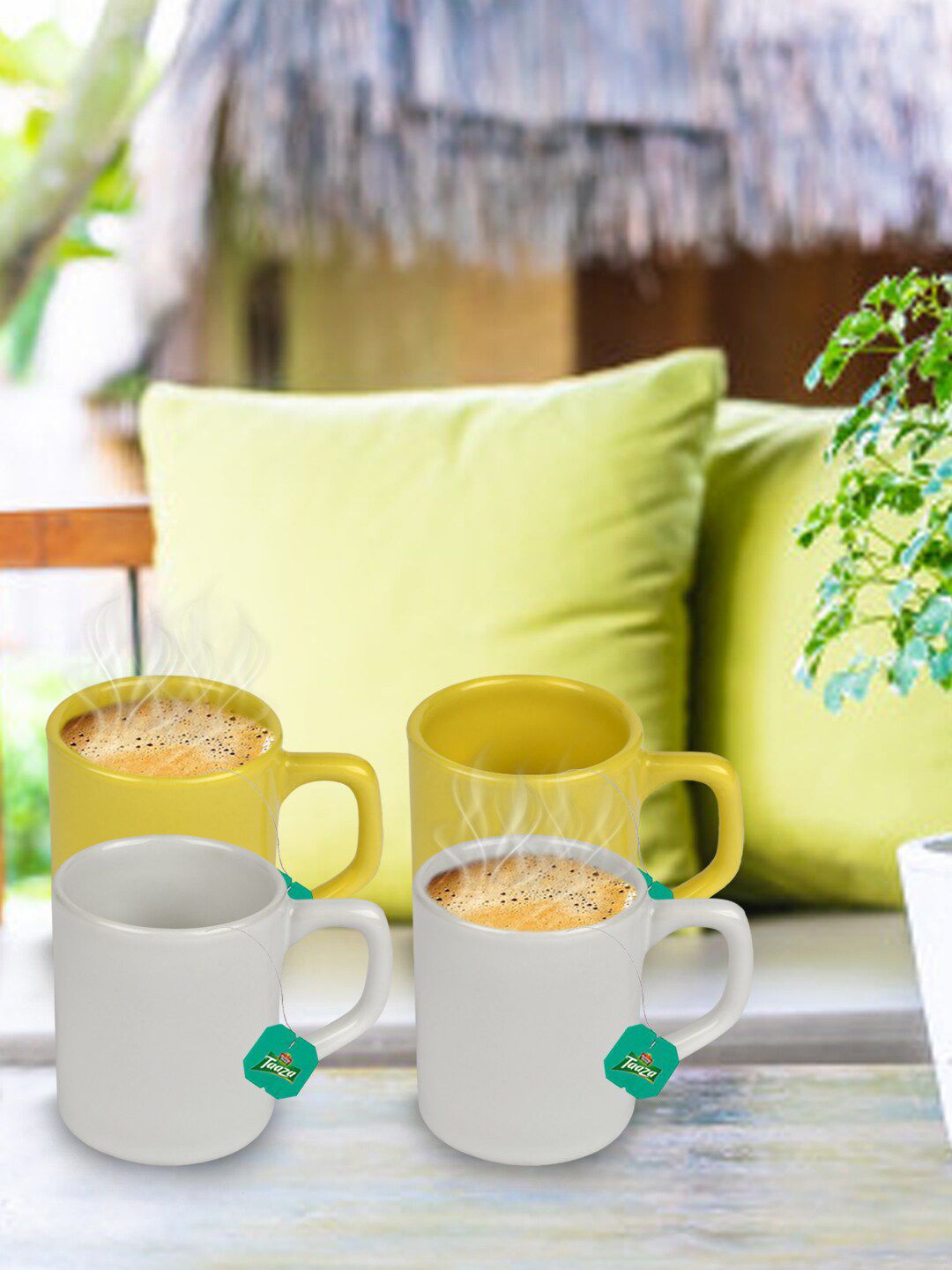 URBAN CHEF Set of 4 White & Green Ceramic Glossy Cups Price in India