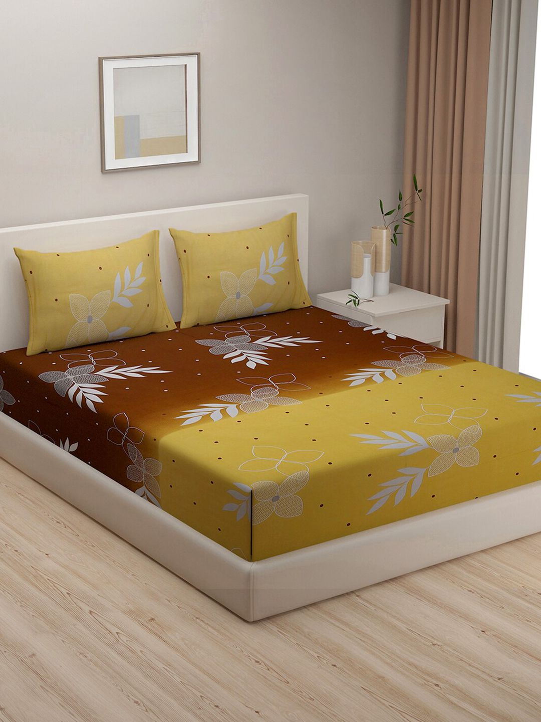 SWAYAM Yellow & Brown Floral King Bedsheet with 2 Pillow Covers Price in India
