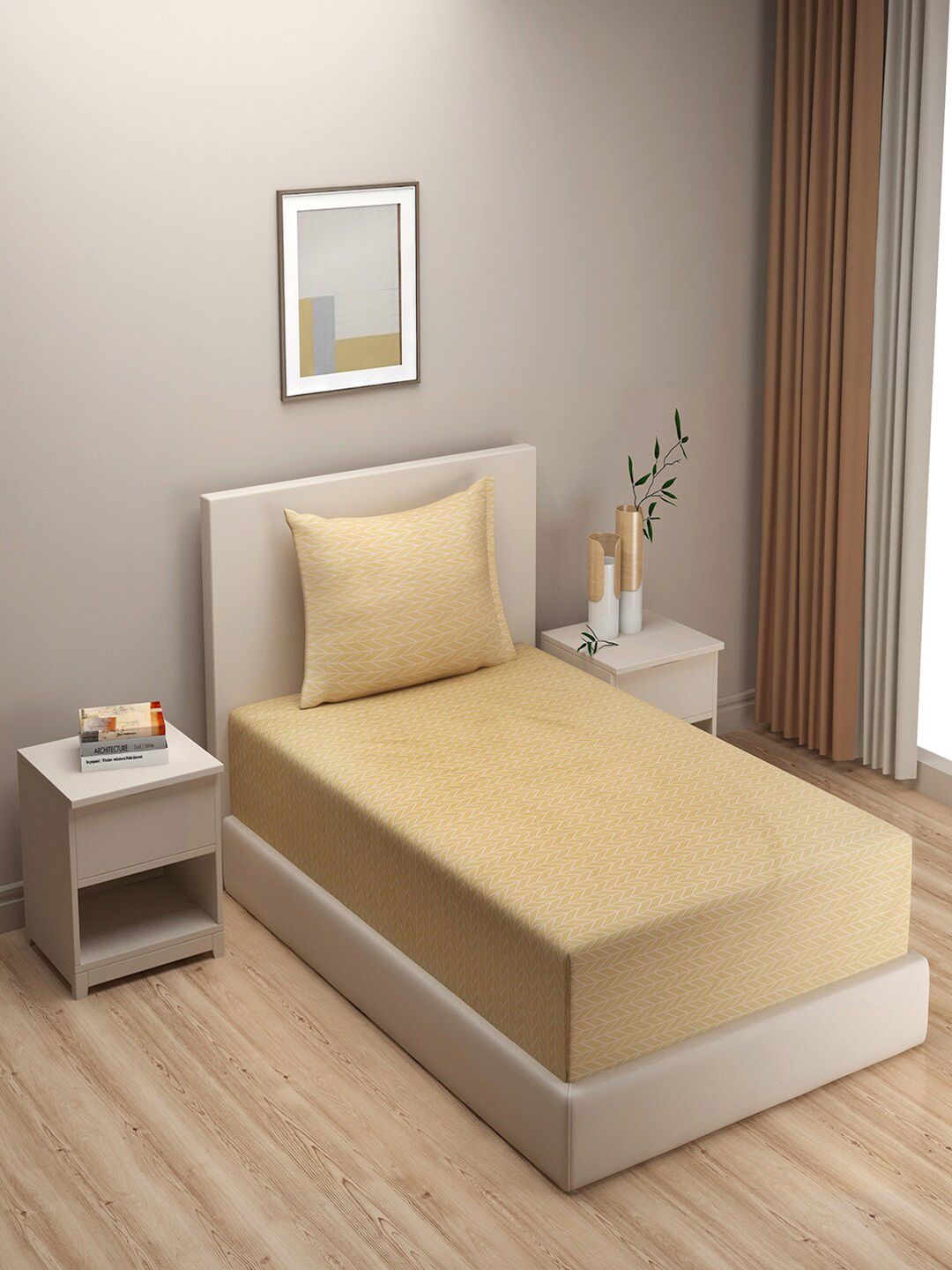 SWAYAM Beige & White Geometric 144 TC Single Bedsheet with 1 Pillow Covers Price in India