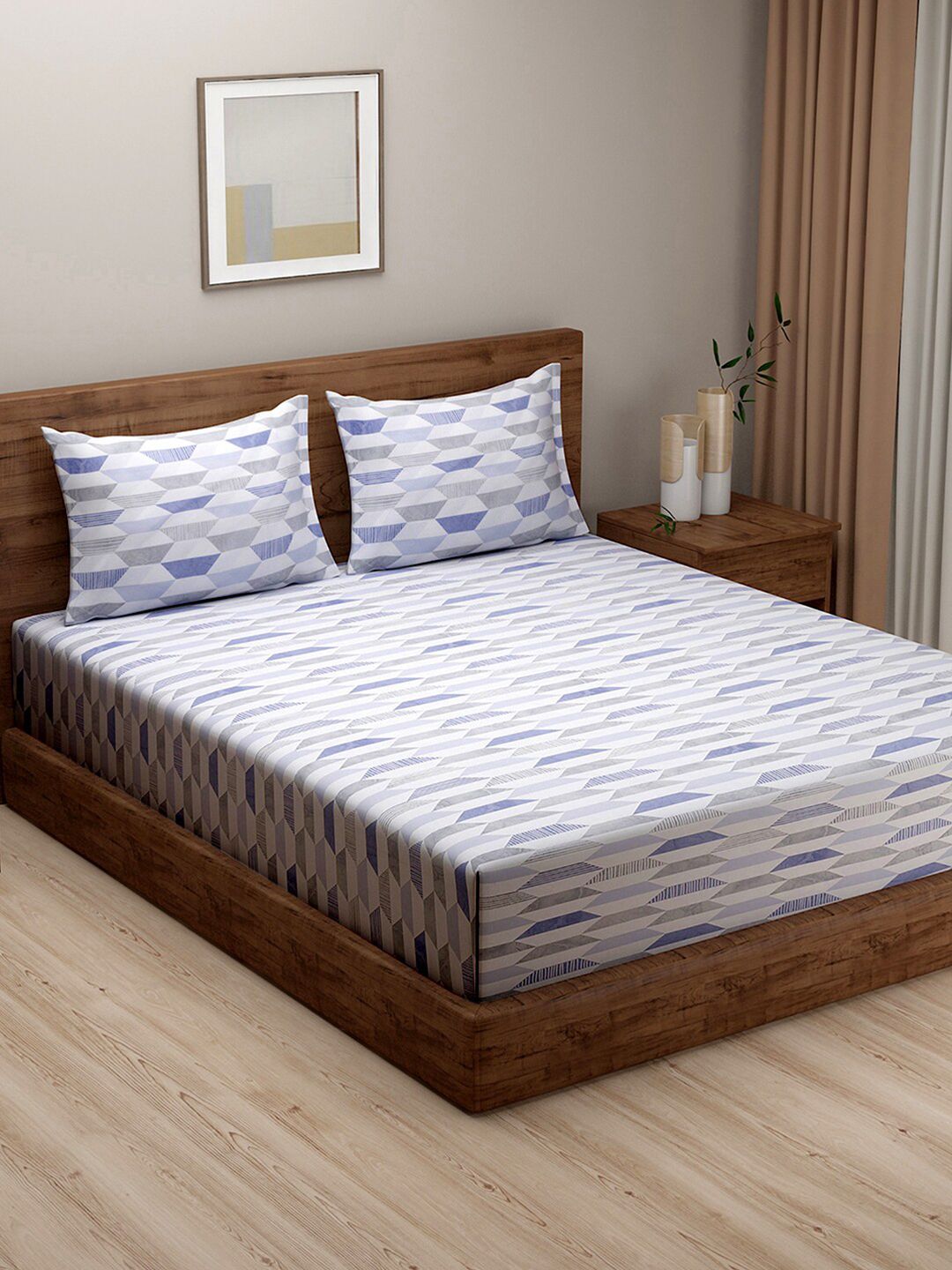 SWAYAM White & Blue Geometric 240 TC King Bedsheet with 2 Pillow Covers Price in India