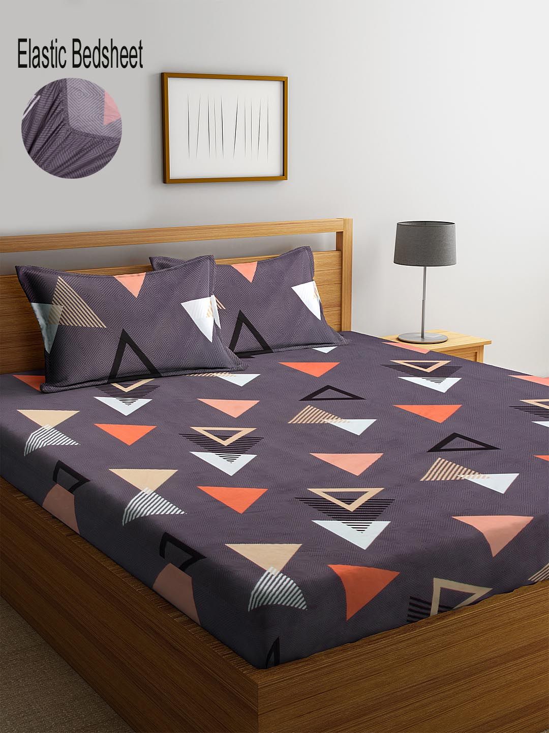 KLOTTHE Purple & Orange Geometric 300 TC King Fitted Bedsheet with 2 Pillow Covers Price in India
