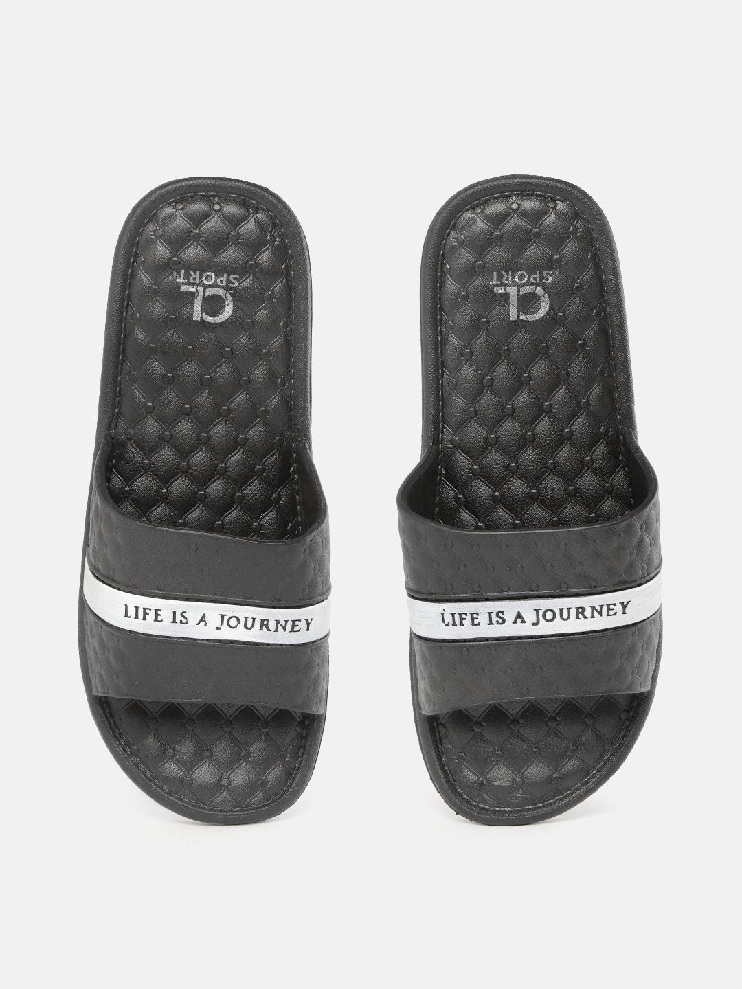 Carlton London Women Black & White Self-Design Sliders with Typography Detail Price in India