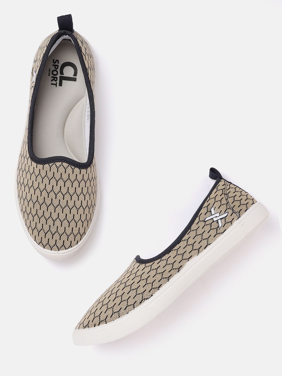 Carlton London sports Women Beige & Navy Blue Woven Design Slip-On Sneakers Price in India