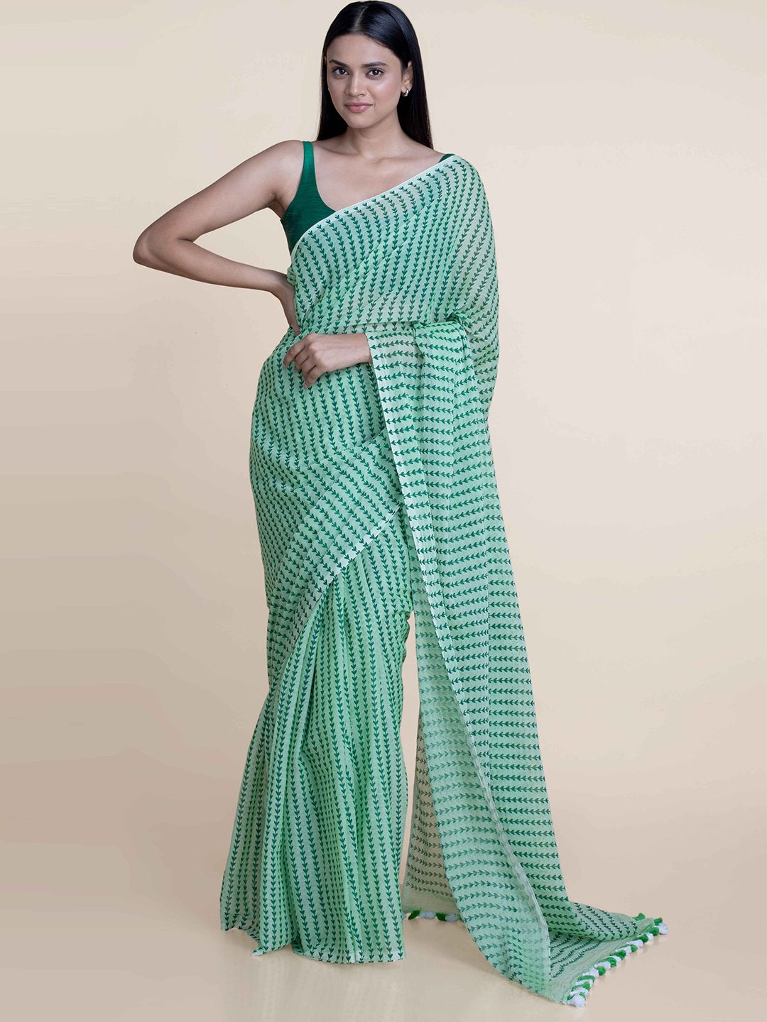 Suta Sea Green Hand Block Ethnic Motif Print Pure Cotton Saree
