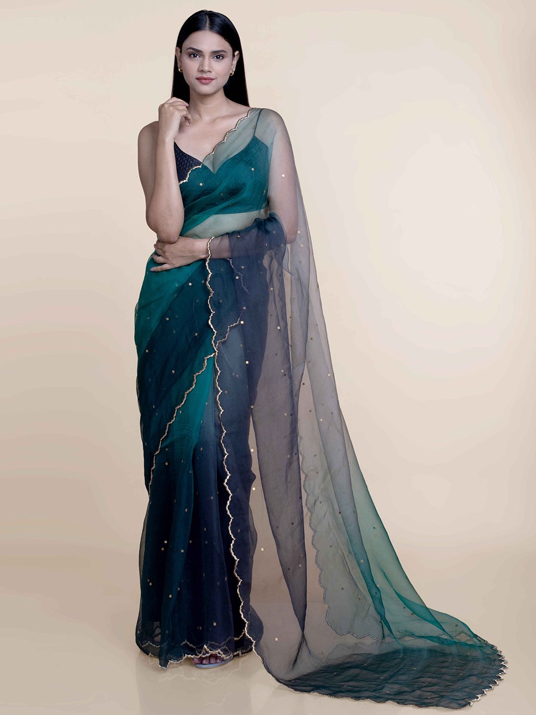 Suta Navy Blue Embellished Sequinned Ombre Organza Saree Price in India