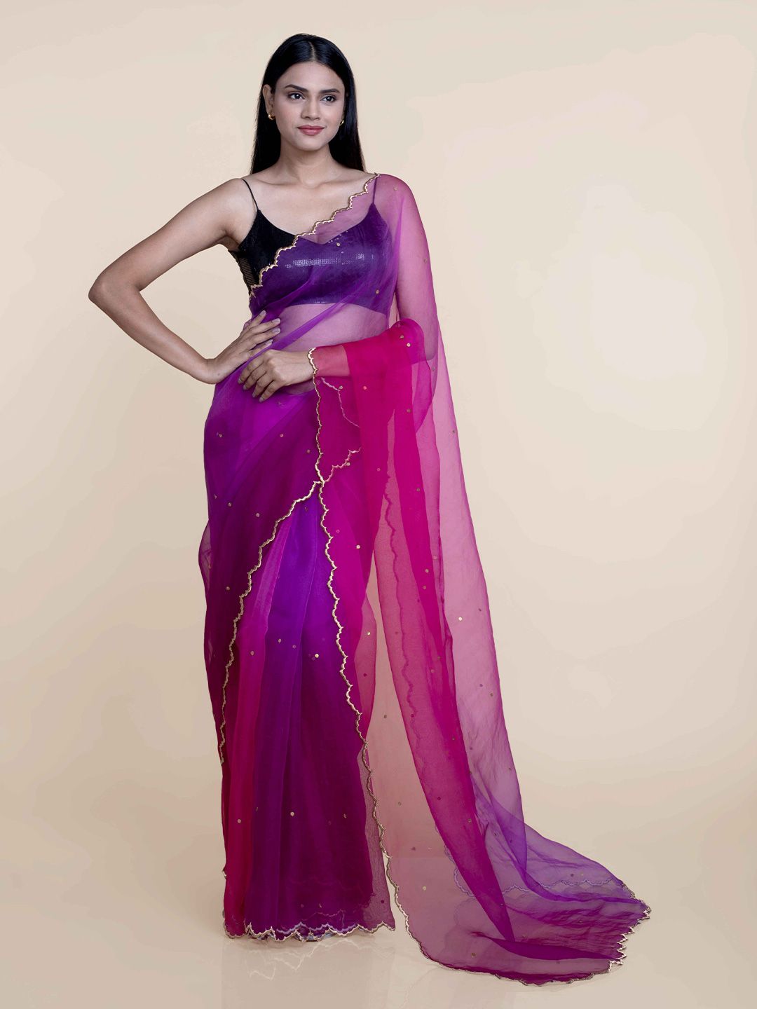 Suta Women Purple-Pink Organza Handcrafted Metal Sequine Ombre Saree Price in India