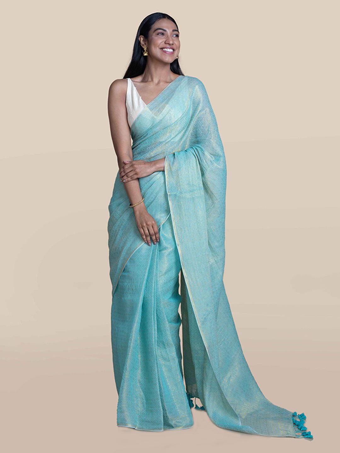 Suta Teal Blue & Gold-Toned Woven Design Zari Saree