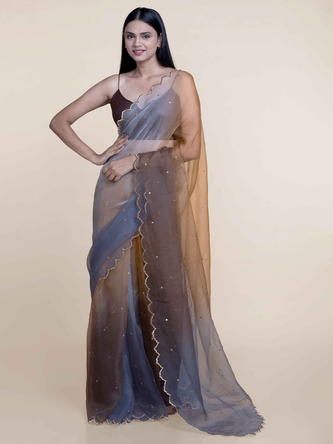 Suta Women Grey-Brown Organza Handcrafted Metal Sequine Ombre Saree Price in India