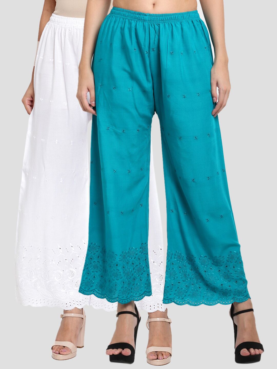 Miaz Lifestyle Set-2 Women White & Teal 2 Ethnic Motifs Embroidered Ethnic Palazzos Price in India