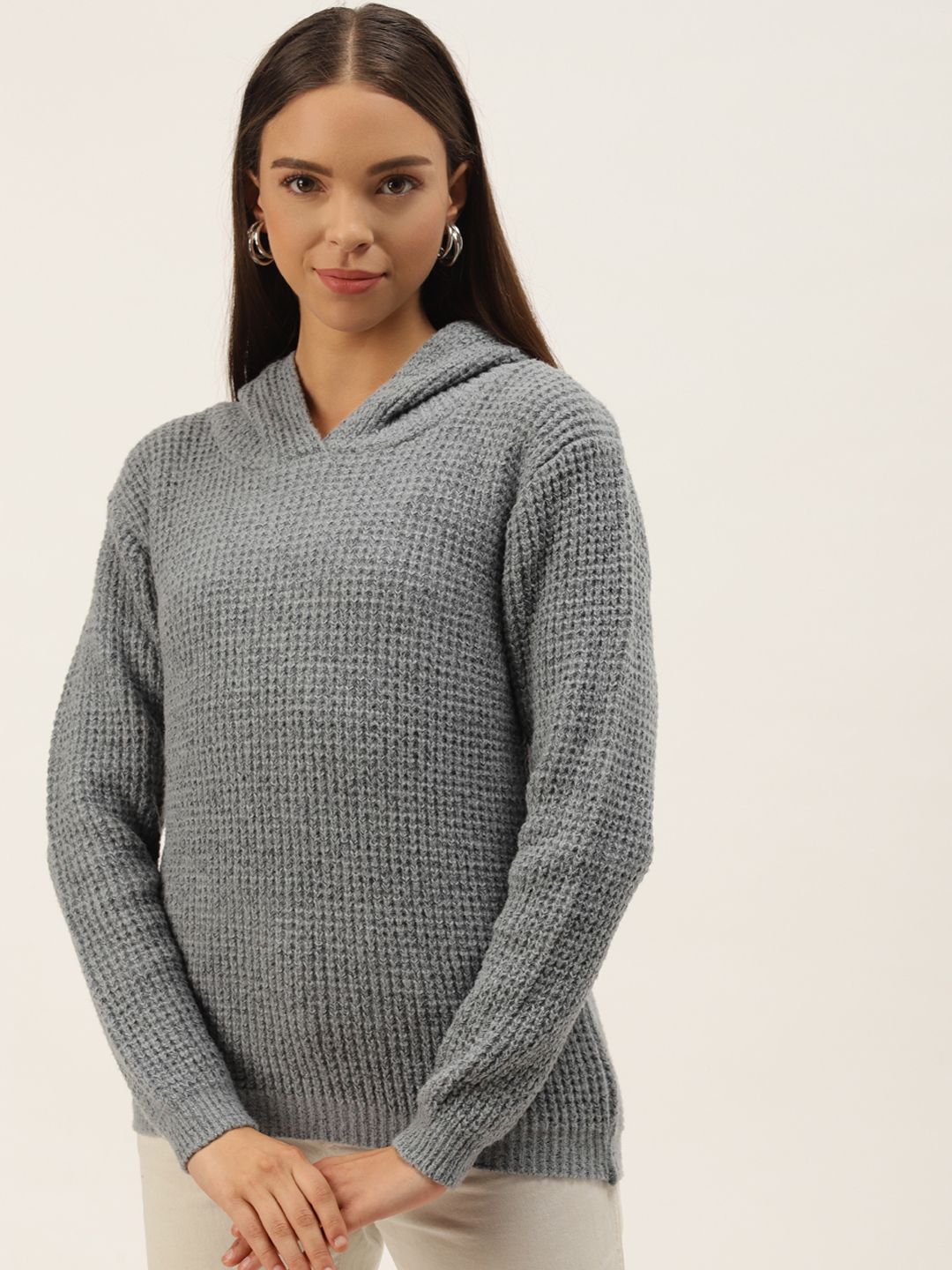 BROOWL Women Grey Melange Solid High Neck Pullover Price in India