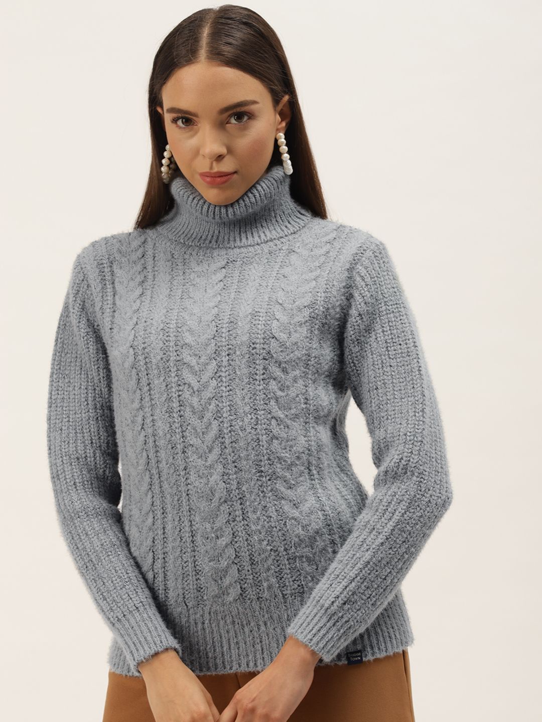 BROOWL Women Grey Melange Woollen Cable Knit Pullover Price in India