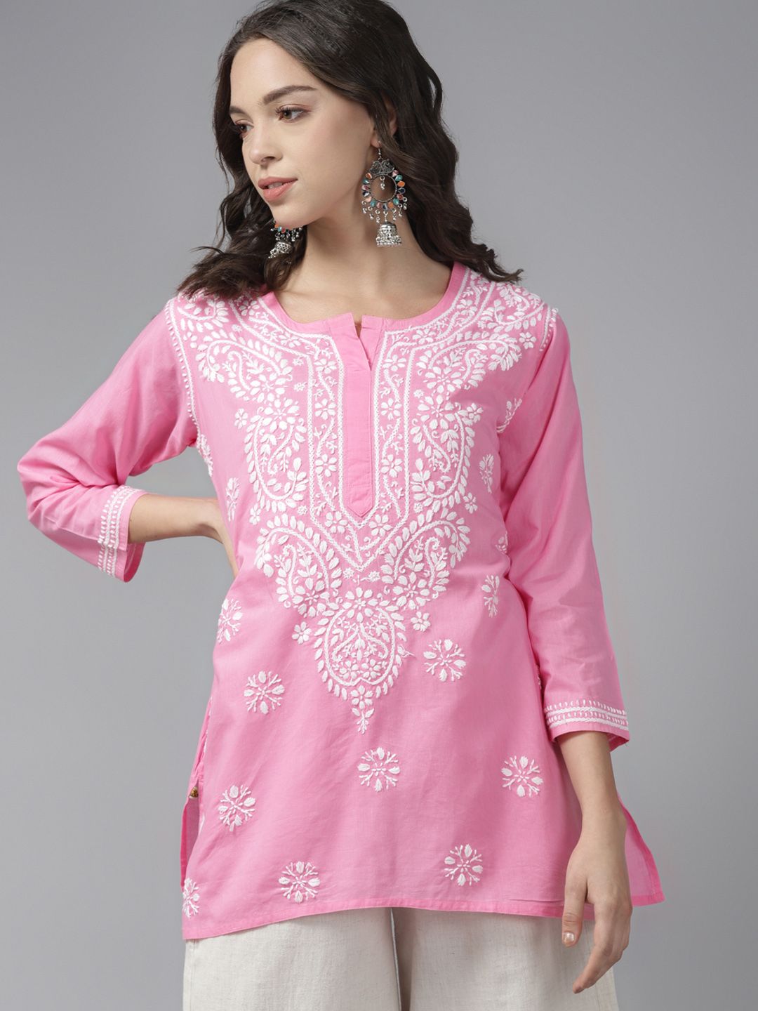 ADA Pink & White Ethnic Motifs Embroidered Chikankari Kurti