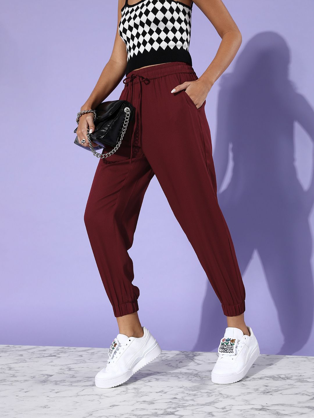 DressBerry Women Charming Maroon Solid Pleated Form Trousers Price in India