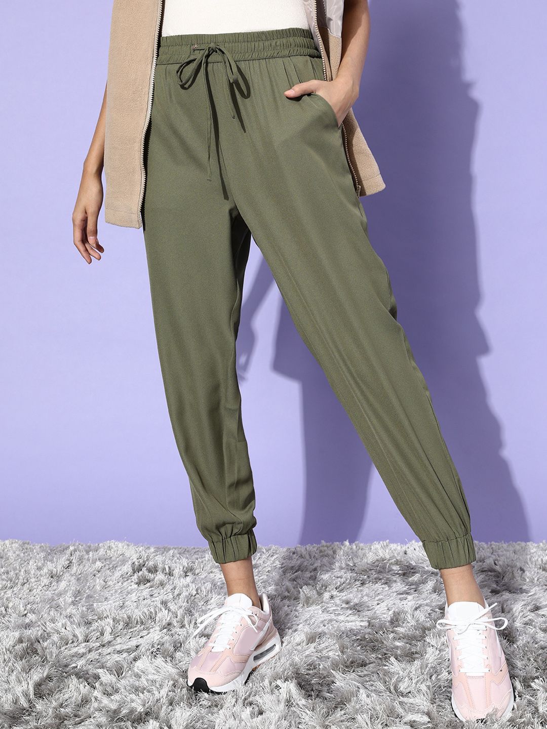 DressBerry Women Olive Green Solid Joggers Trousers Price in India