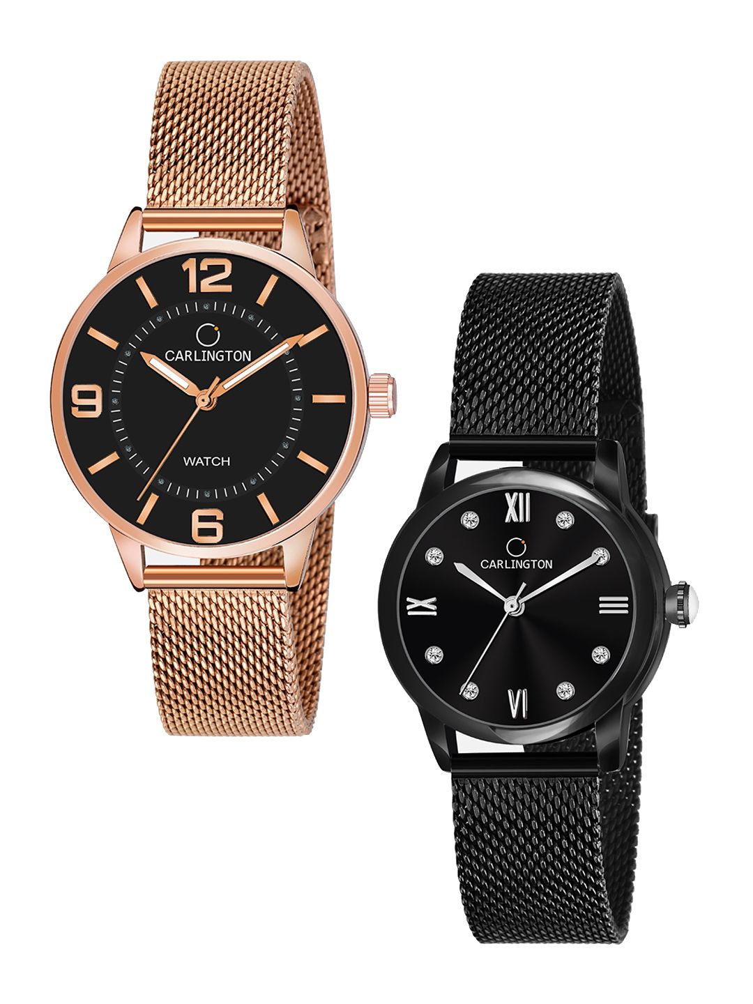 CARLINGTON Women Pack of 2 Black Dial Rose Gold & Black Bracelet Style Analogue Watch Price in India