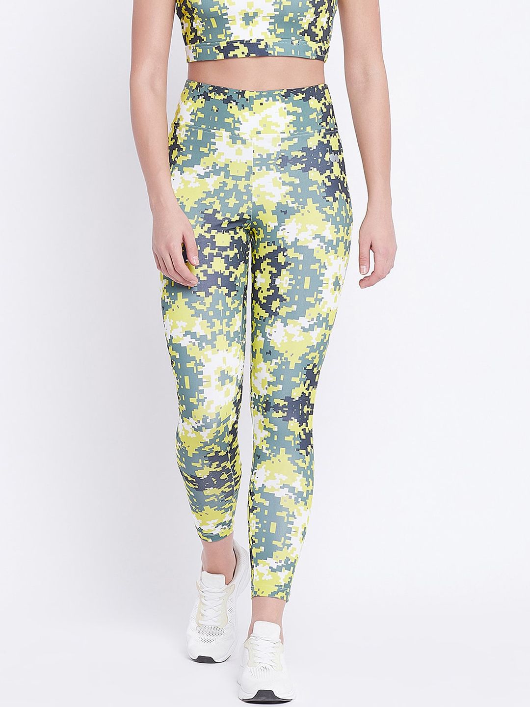 Clovia Women Grey & Yellow Printed Ankle-Length Tights Price in India
