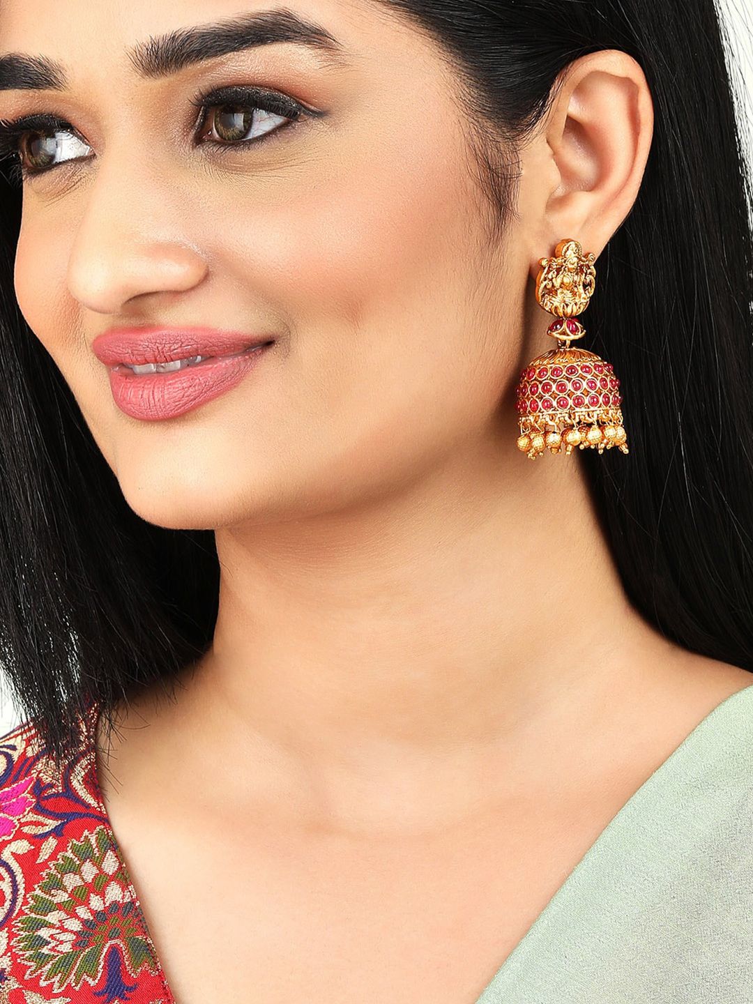 Rubans Gold-Toned & Red Gold-Plated Stoned Studded Lakshmi Jhumkas Earrings Price in India