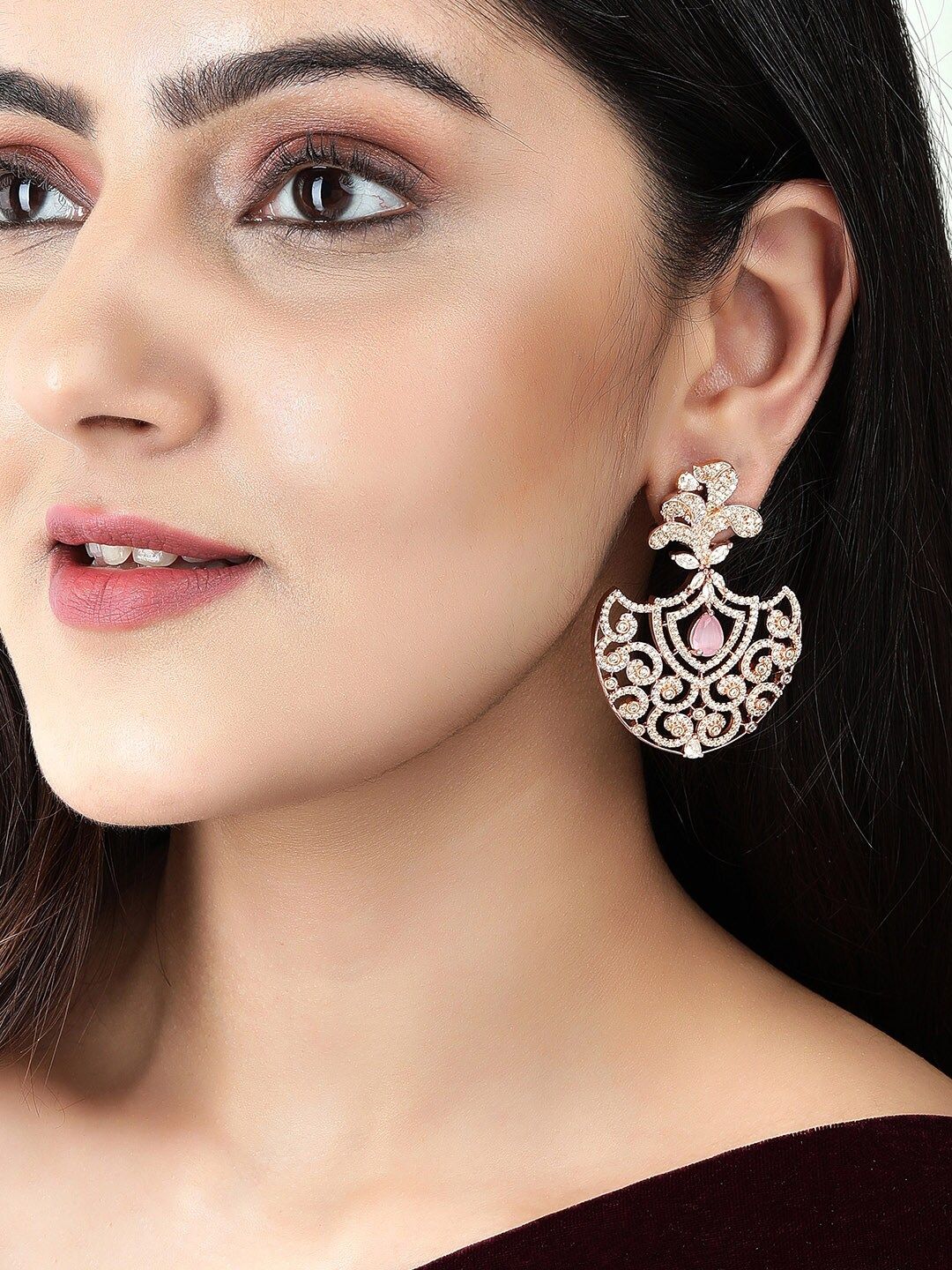 Rubans Gold-Toned & White Crescent Shaped Drop Earrings Price in India