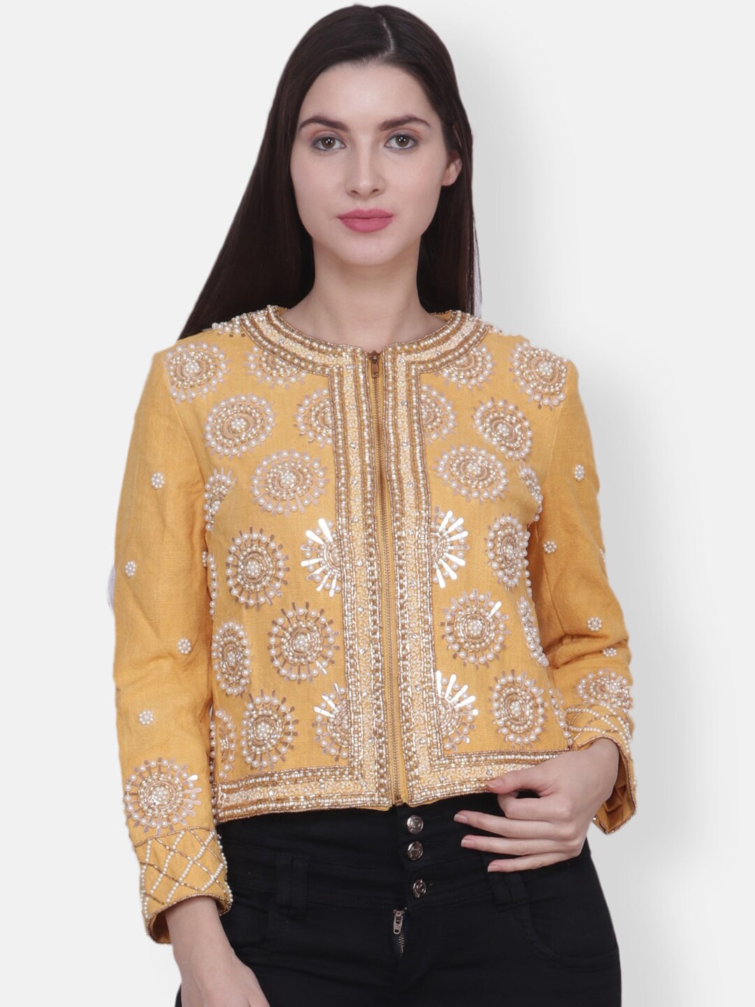 Diwaah Women Yellow Floral Crop Embroidered Tailored Jacket Price in India