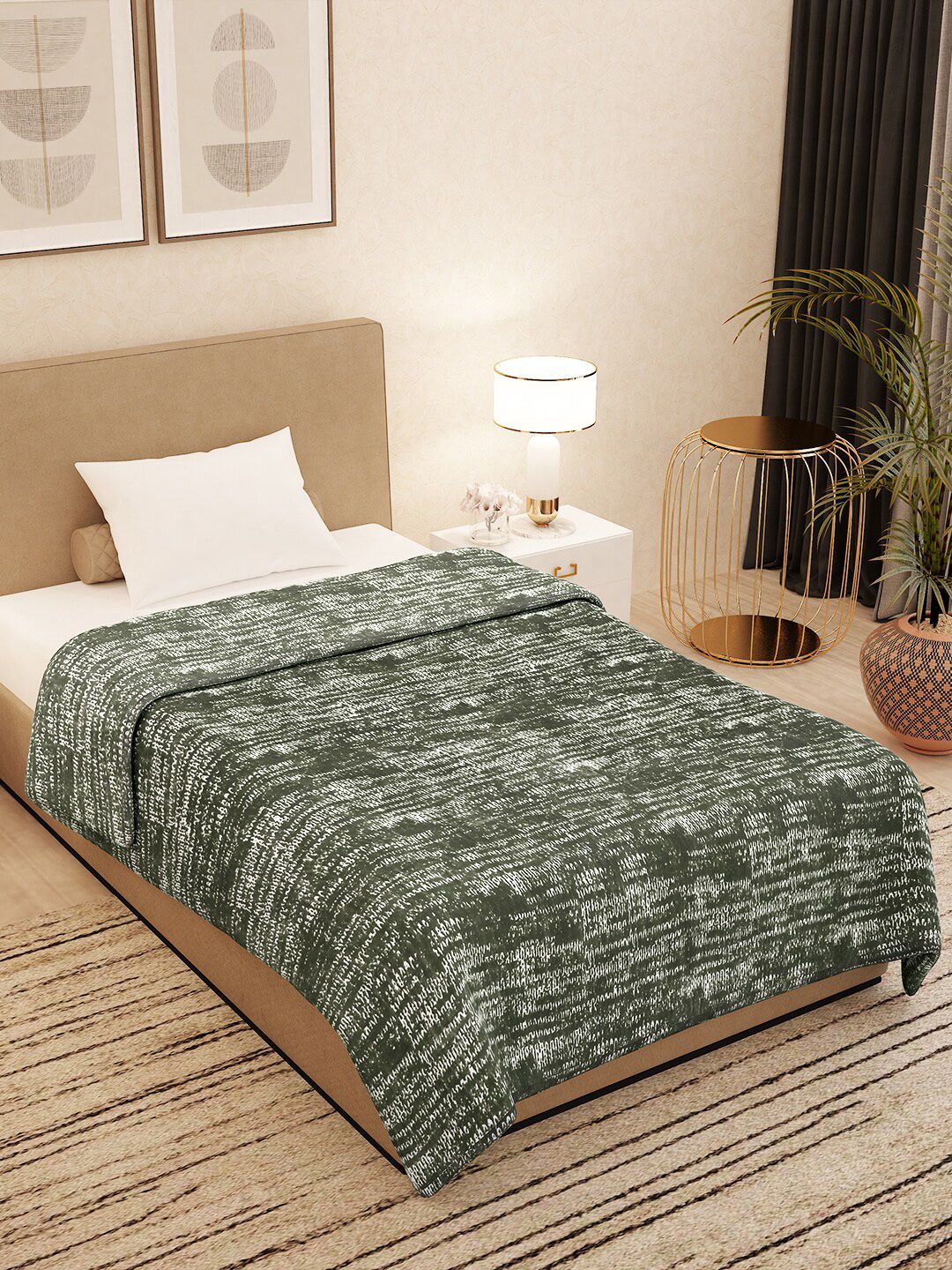 Story@home Olive Green & White Grunge Print Heavy Winter 500 GSM Single Bed Blanket Price in India