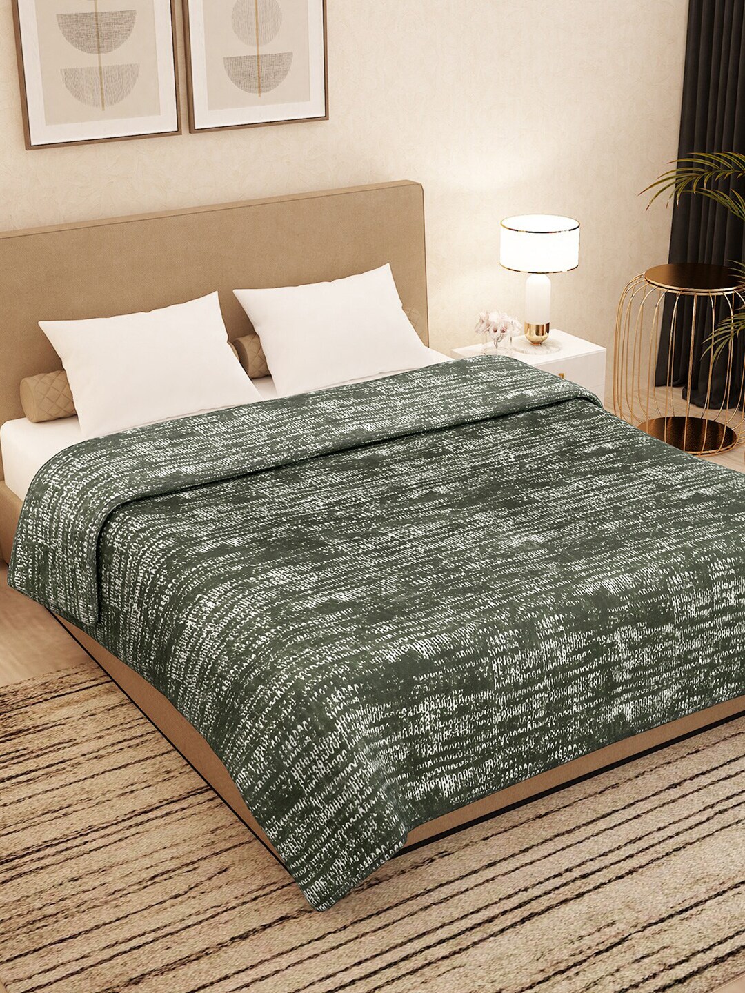 Story@home Olive Green & White Ethnic Motifs Heavy Winter 500 GSM Double Bed Blanket Price in India