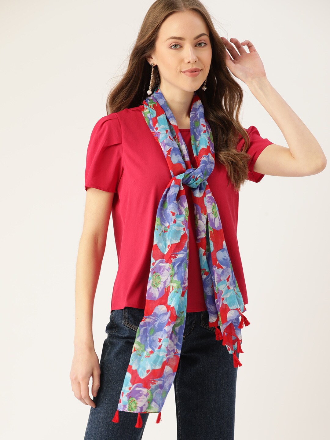 DressBerry Women Red & Blue Printed Scarf Price in India