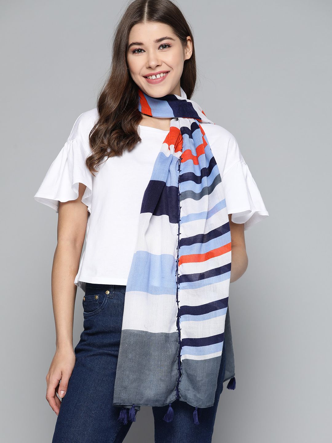 Mast & Harbour Women Blue & White Striped Scarf Price in India