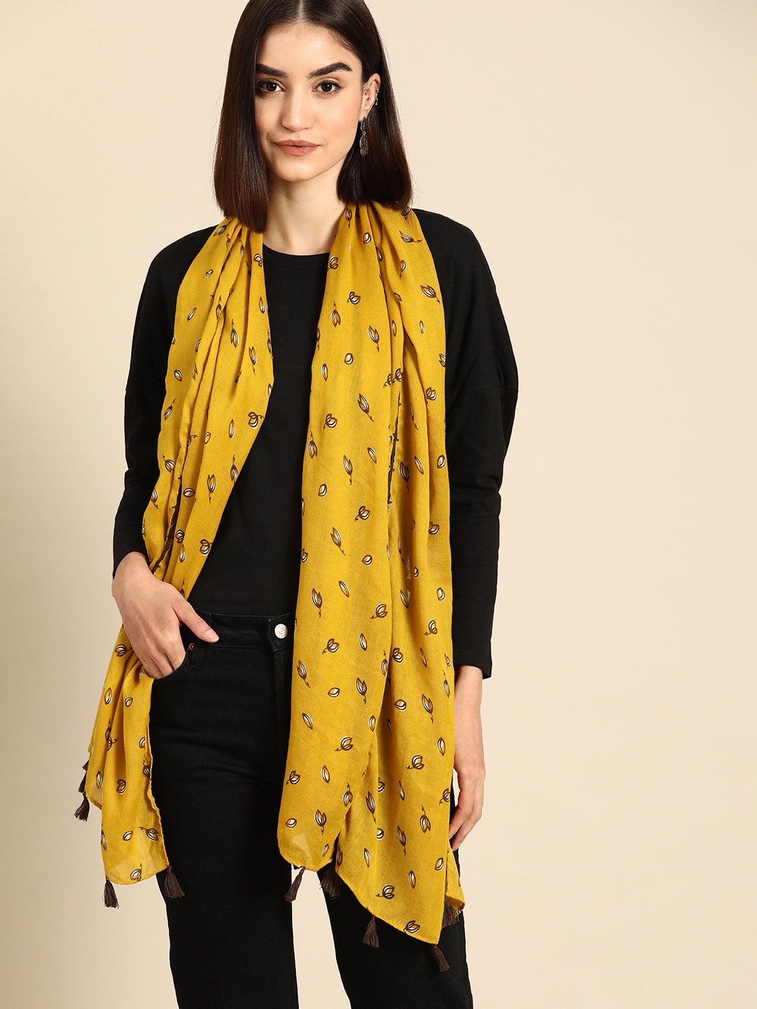 Anouk Women Mustard Yellow Printed Stole with Tasseled border Price in India