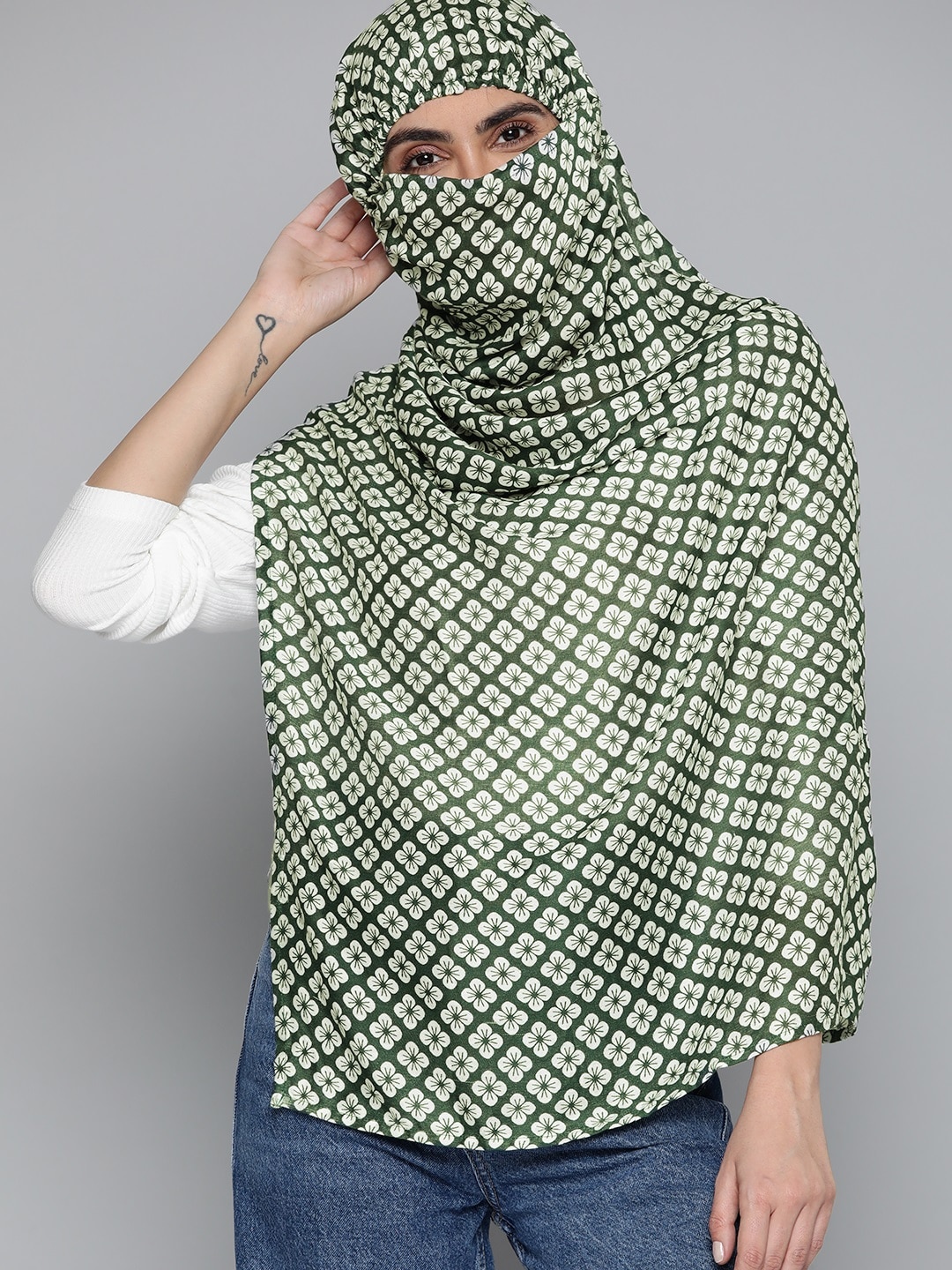 Mast & Harbour Women Green & White Printed Biker Scarf Price in India